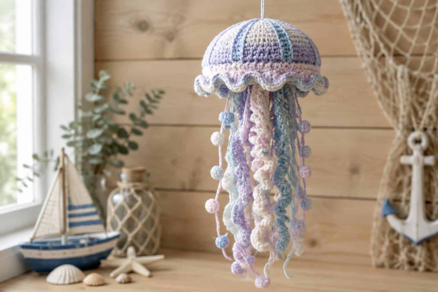 Handmade crochet jellyfish hanging decor with pastel colors and delicate tentacles in soft natural light