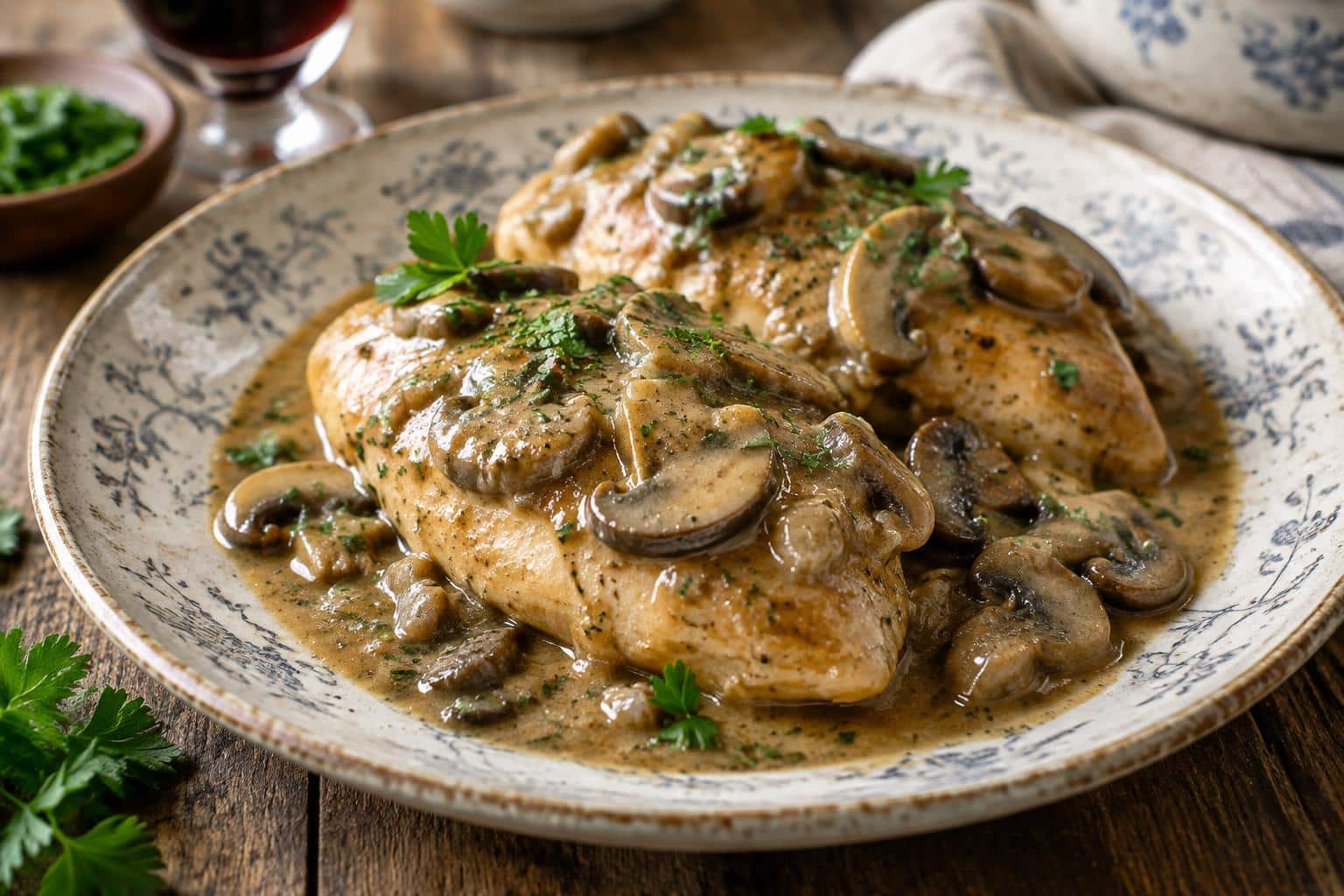 Crock pot chicken marsala with creamy mushroom sauce and fresh parsley garnish