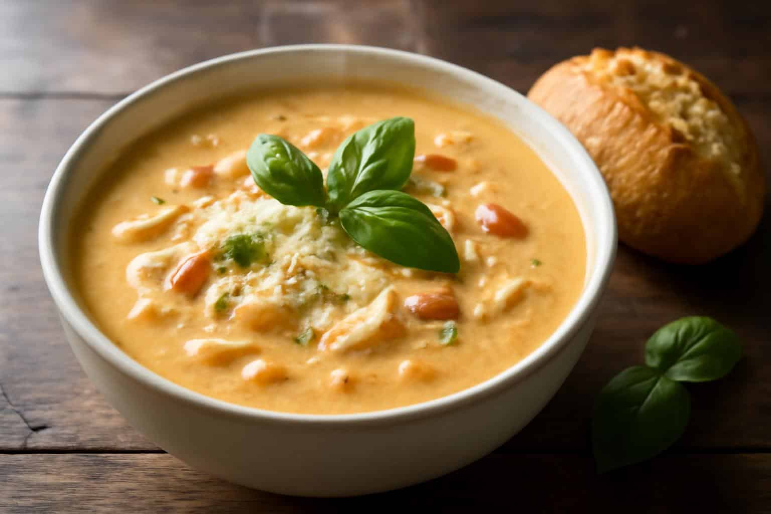 Creamy chicken parmesan soup garnished with basil and parmesan cheese