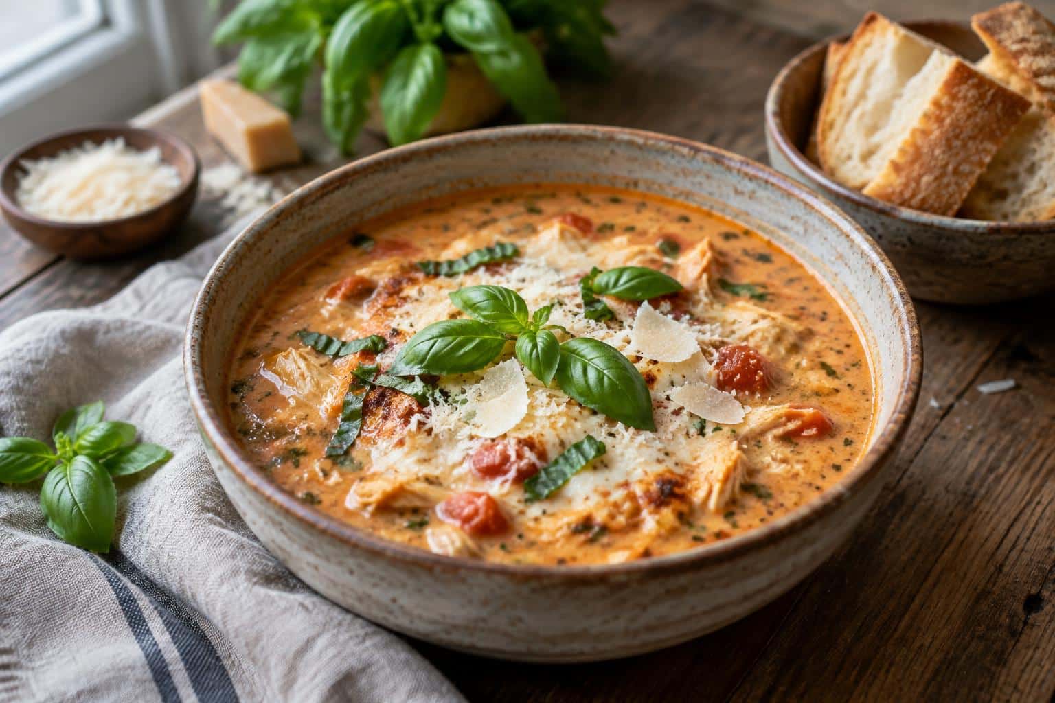 Creamy chicken parmesan soup in a bowl garnished with basil and Parmesan cheese
