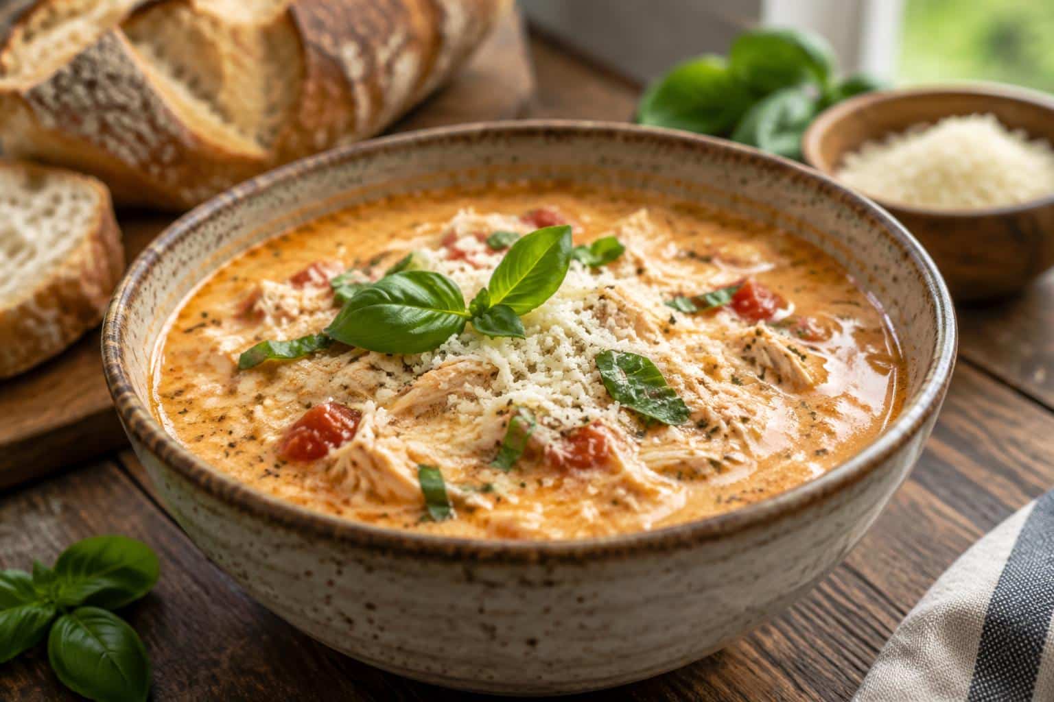 Creamy chicken parmesan soup served in a rustic bowl garnished with basil and parmesan