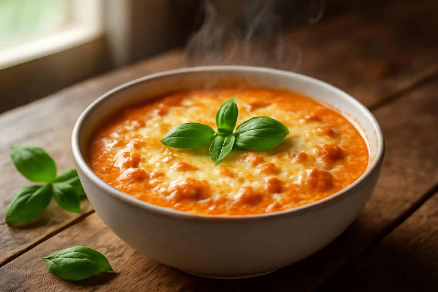 creamy chicken parmesan soup served in bowl with basil garnish and melted cheese