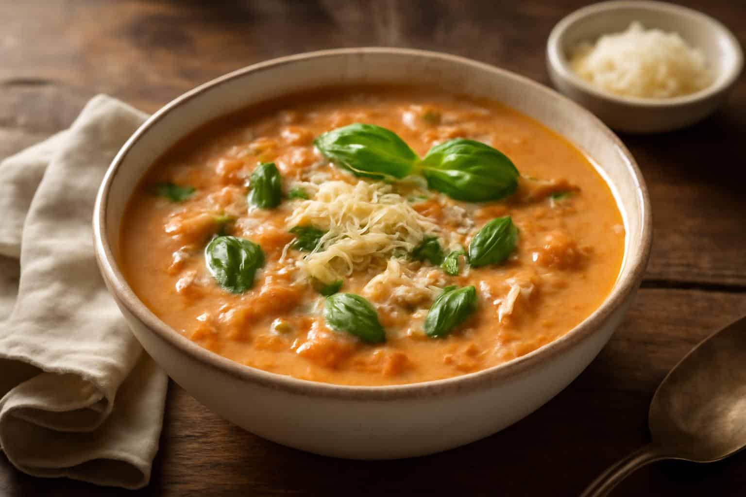 Bowl of creamy chicken parmesan soup garnished with basil and parmesan cheese