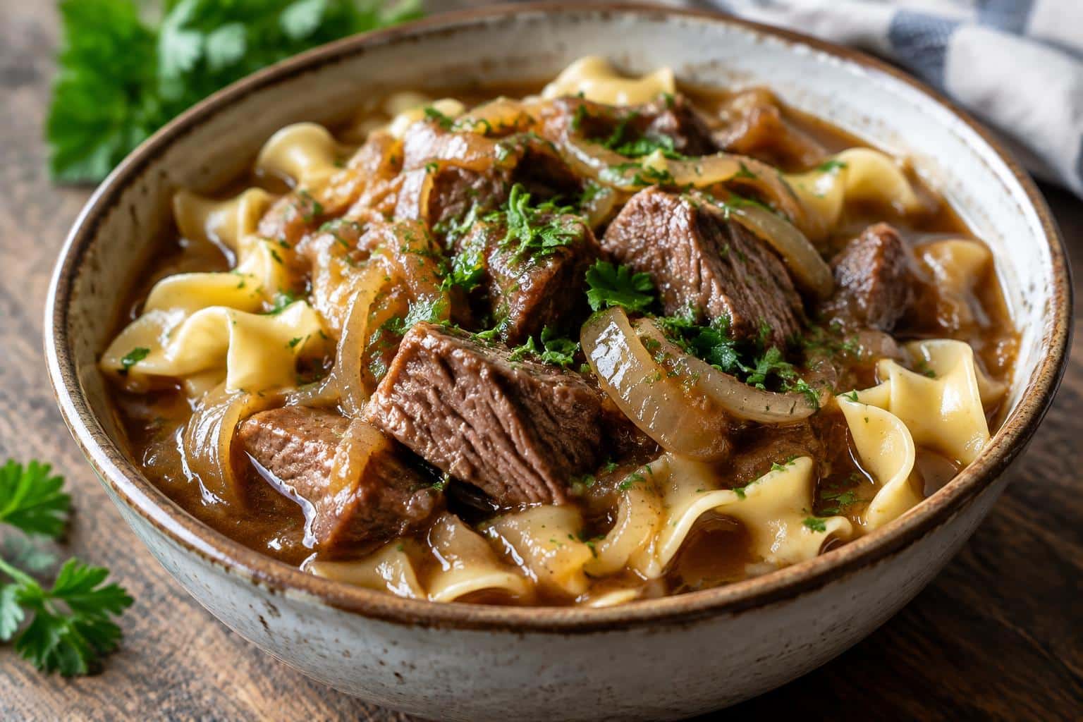 Bowl of crock pot french onion beef and noodles with rich savory broth and fresh parsley garnish
