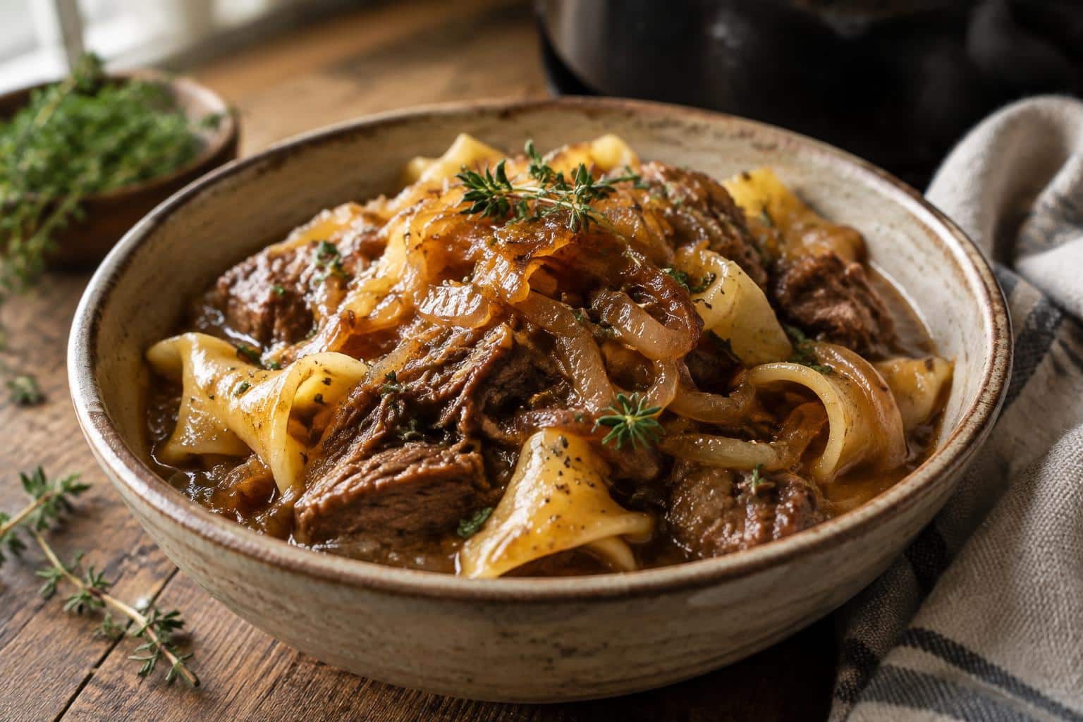 Crock pot French onion beef and noodles with rich savory comfort flavor in rustic bowl