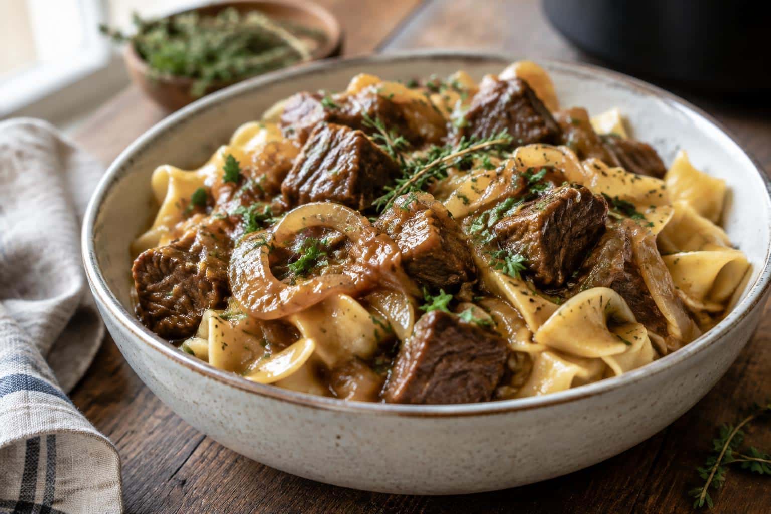 Crock Pot French Onion Beef with rich savory flavor served over noodles with fresh herbs