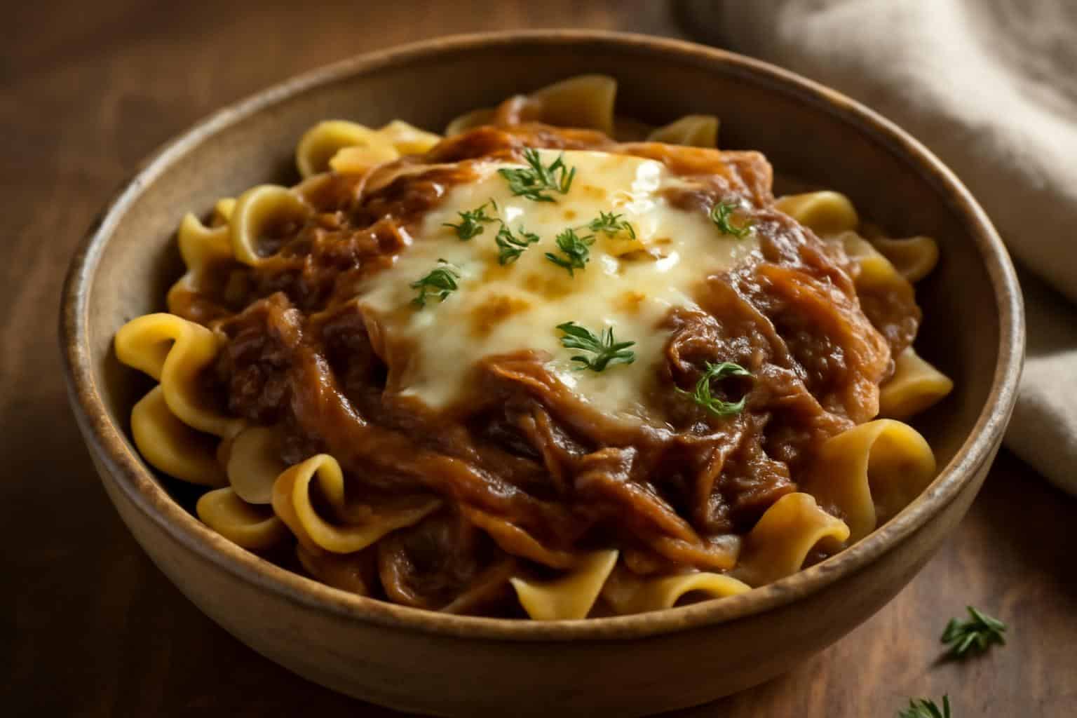 Crock pot French onion beef and noodles with caramelized onions and fresh thyme garnish