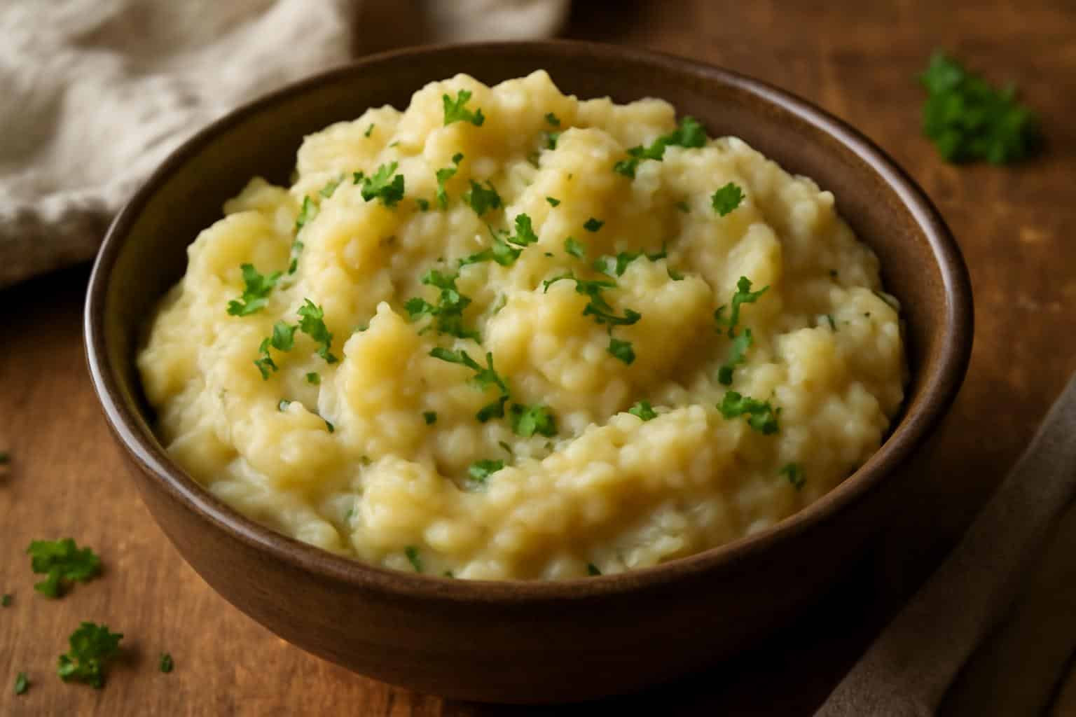 Creamy Crock Pot swamp potatoes garnished with parsley and black pepper on rustic wooden table