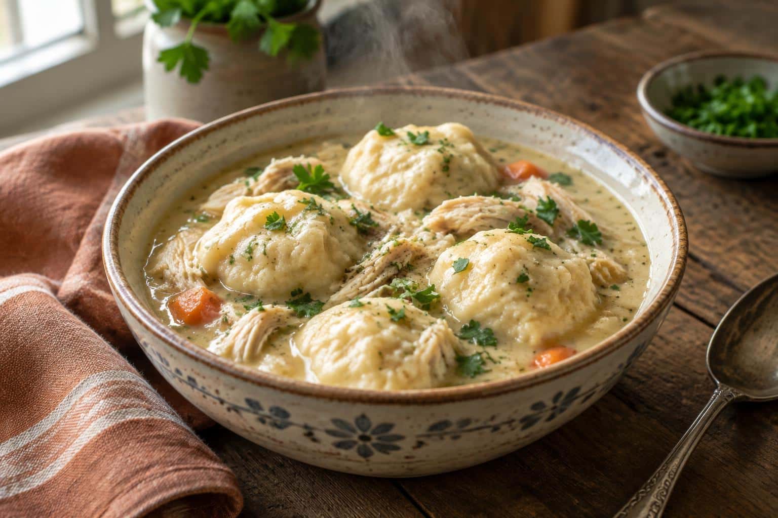 Bowl of crockpot chicken dumplings with tender chicken and fluffy dumplings garnished with parsley