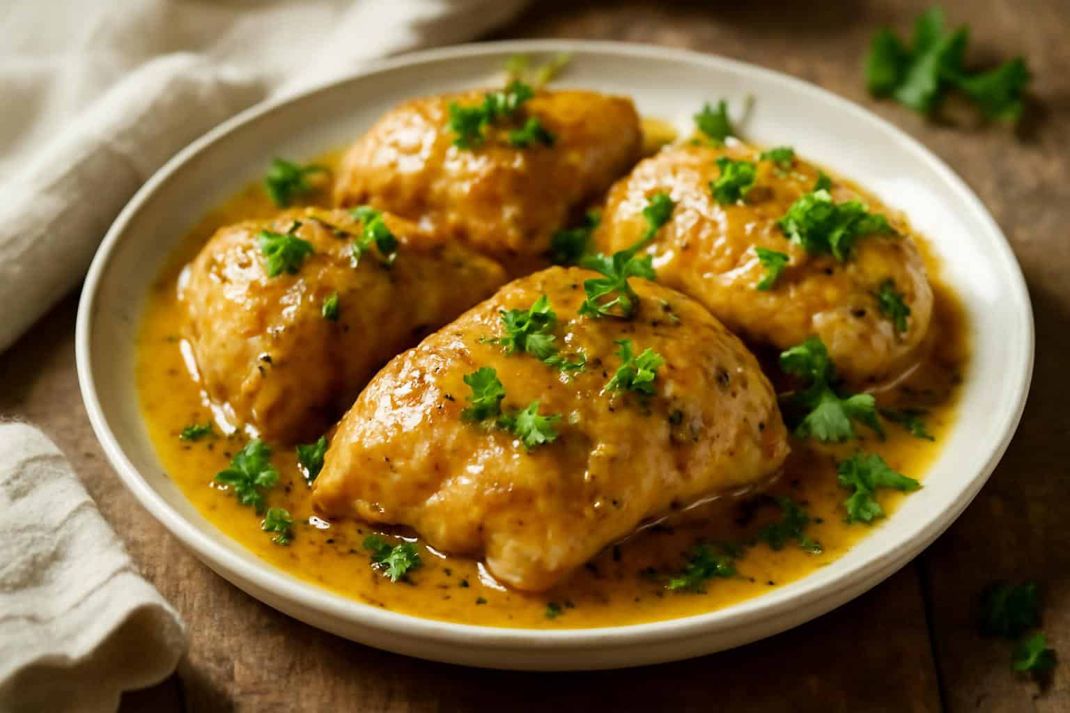 Tender crockpot honey mustard chicken glazed and garnished with parsley and mustard seeds