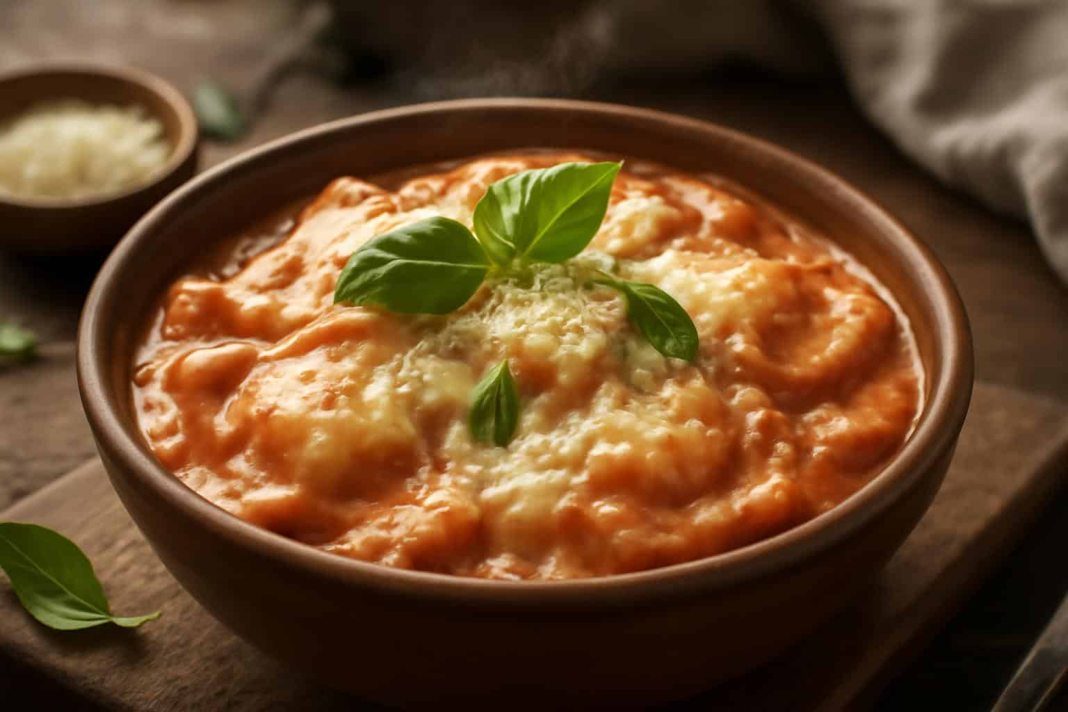 Cheesy crockpot ravioli in a bowl garnished with fresh basil and parmesan cheese