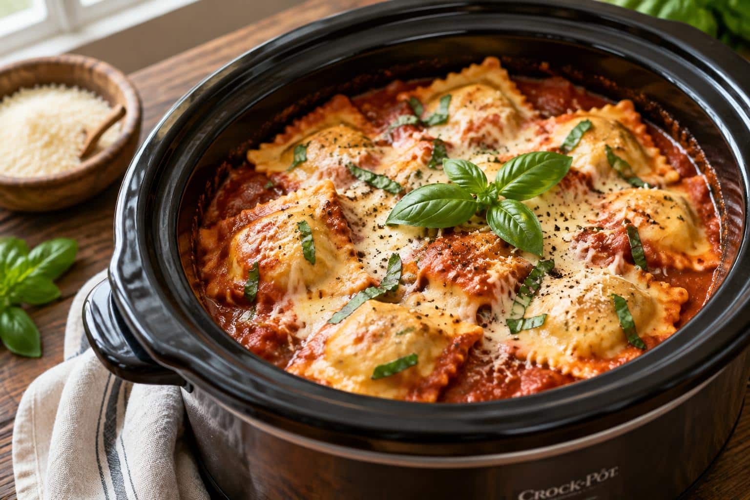 Crockpot million dollar ravioli in a slow cooker with melted cheese and fresh basil garnish