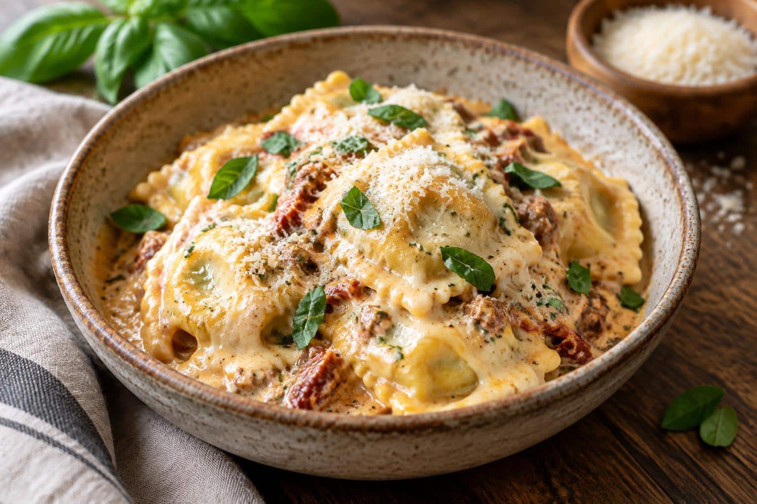 Creamy cheesy crockpot million dollar ravioli garnished with fresh basil and Parmesan
