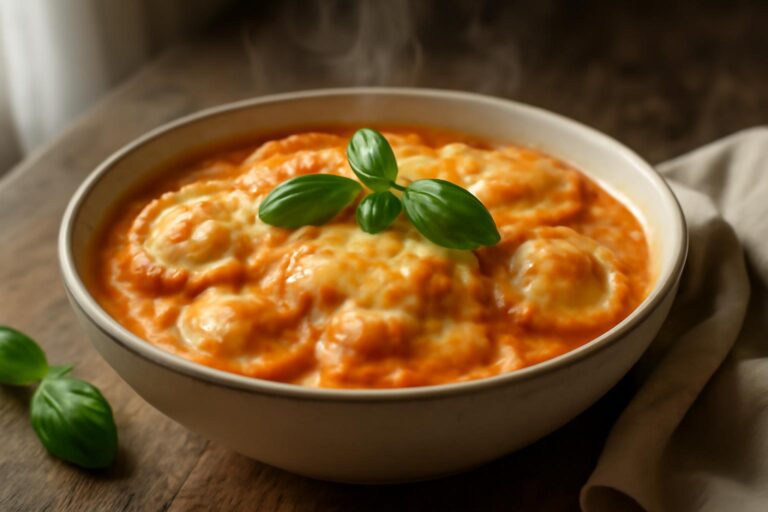 Creamy crockpot ravioli in a bowl garnished with basil, showcasing cheesy comfort food flavor