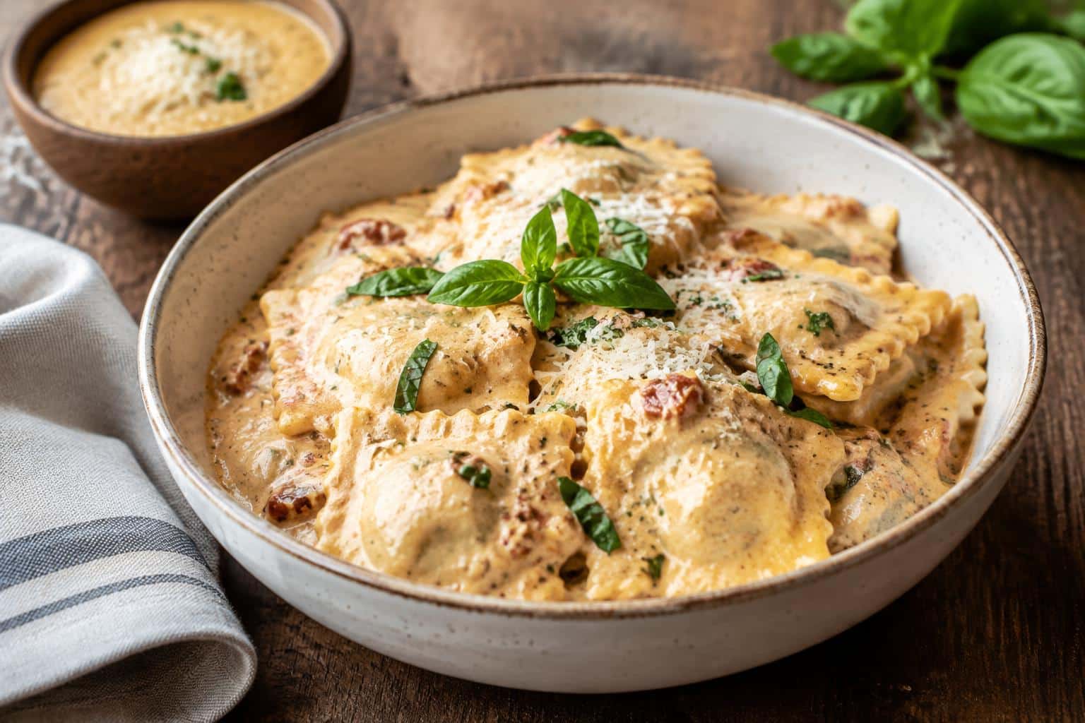 Creamy cheesy crockpot million dollar ravioli in bowl garnished with basil and Parmesan