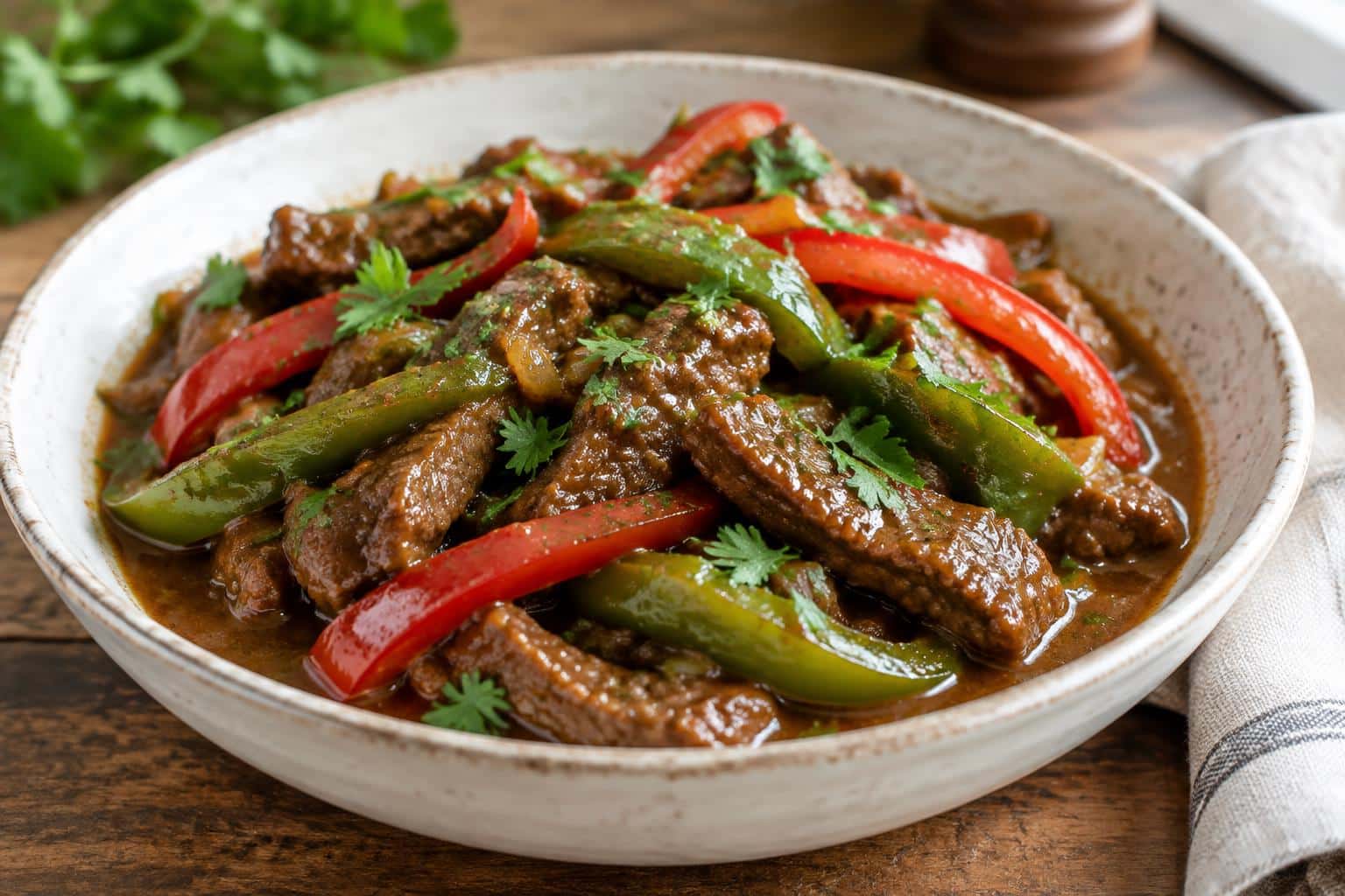 Crockpot pepper steak with tender beef and colorful bell peppers in savory sauce