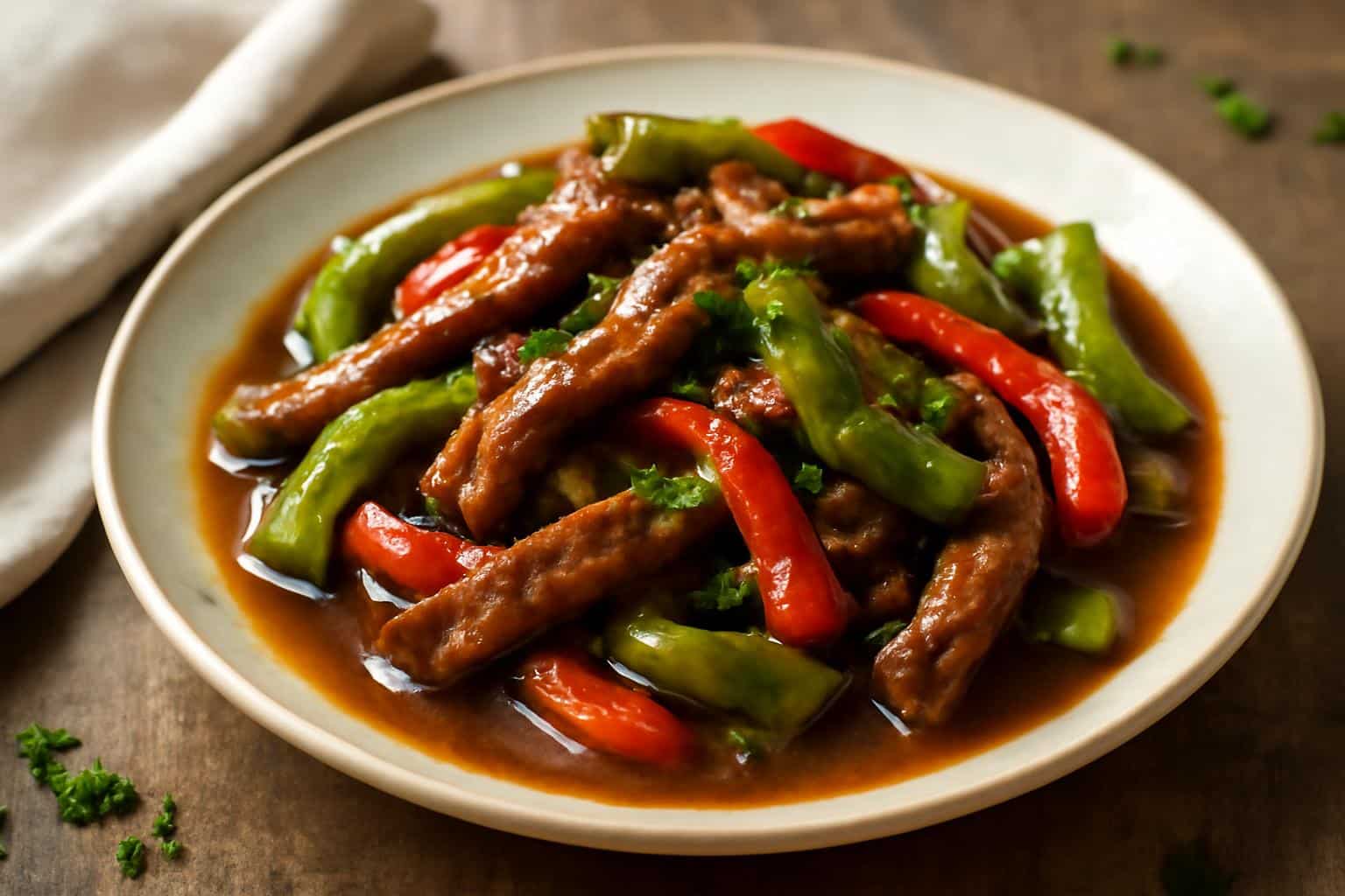 Close-up of crockpot pepper steak with tender beef and colorful peppers in savory sauce