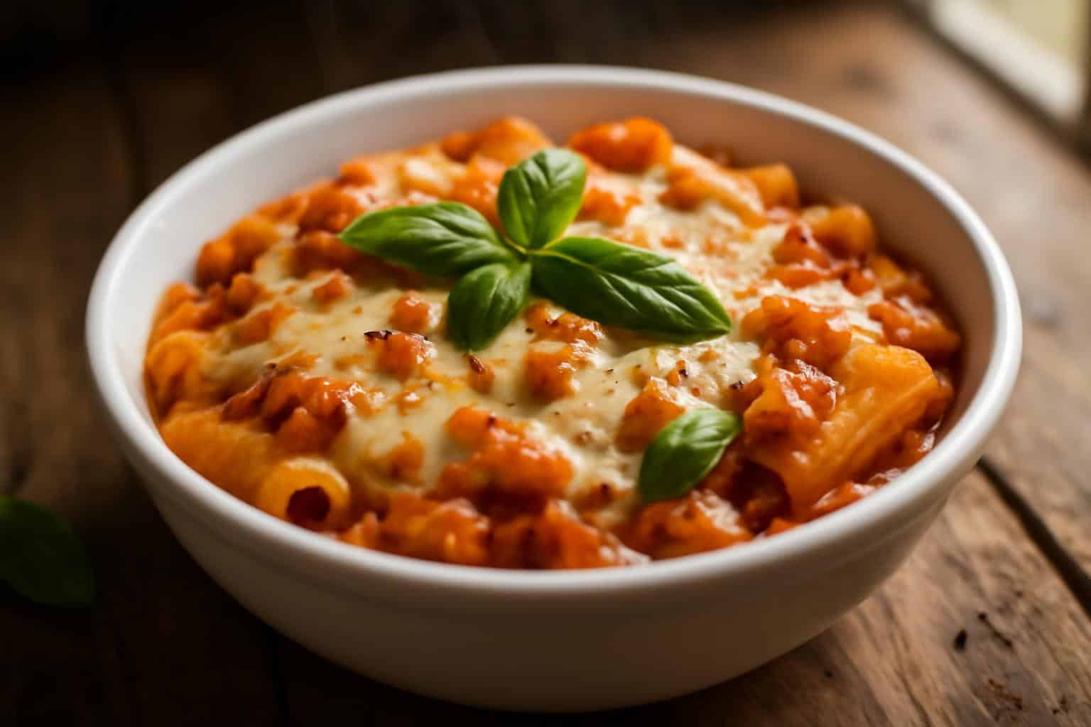 Crockpot pizza pasta in a bowl with melted cheese and fresh basil garnish