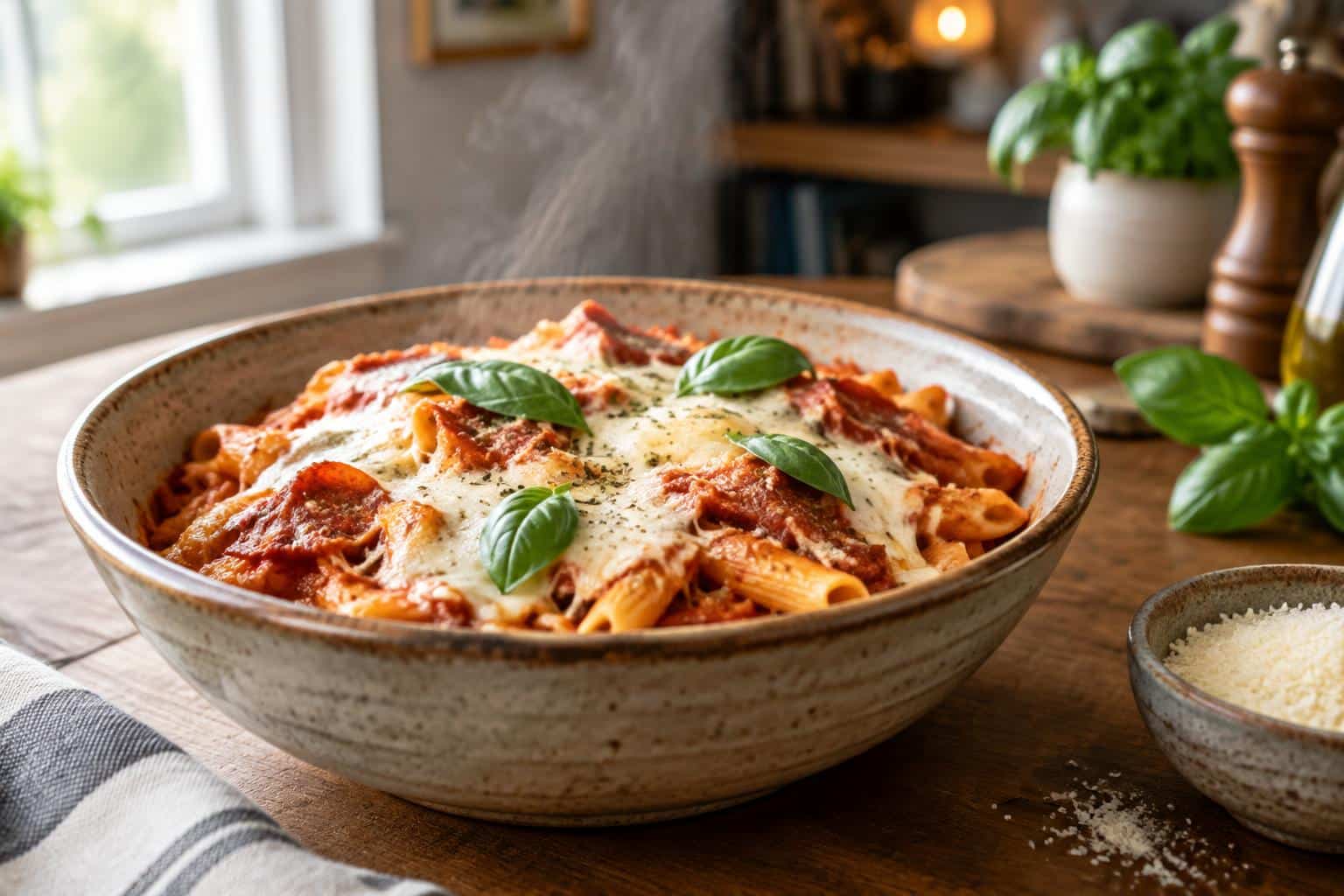 A bowl of crockpot pizza pasta garnished with fresh basil and melted cheese in natural light