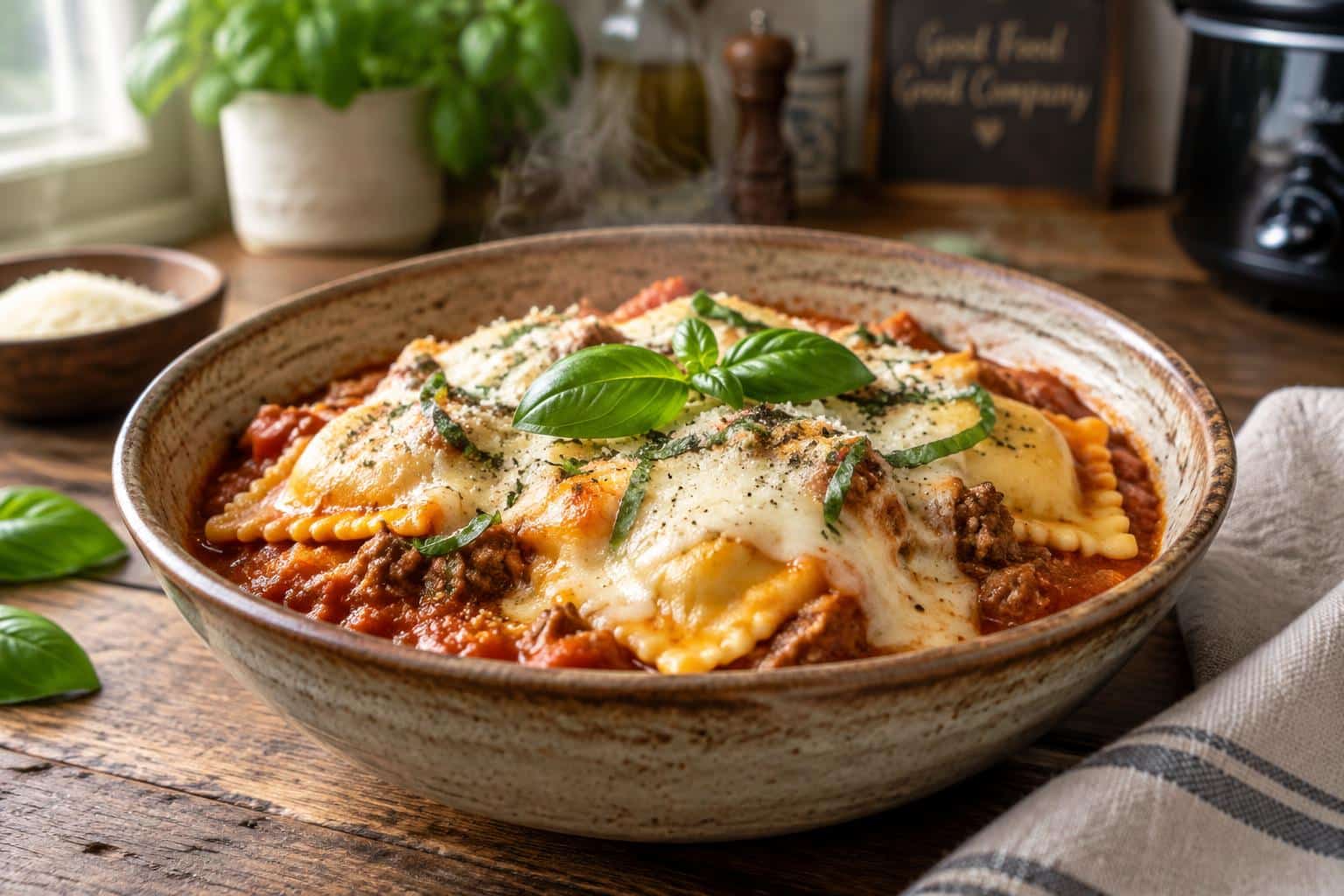 Crockpot ravioli lasagna with melted cheese and basil garnish in a rustic bowl