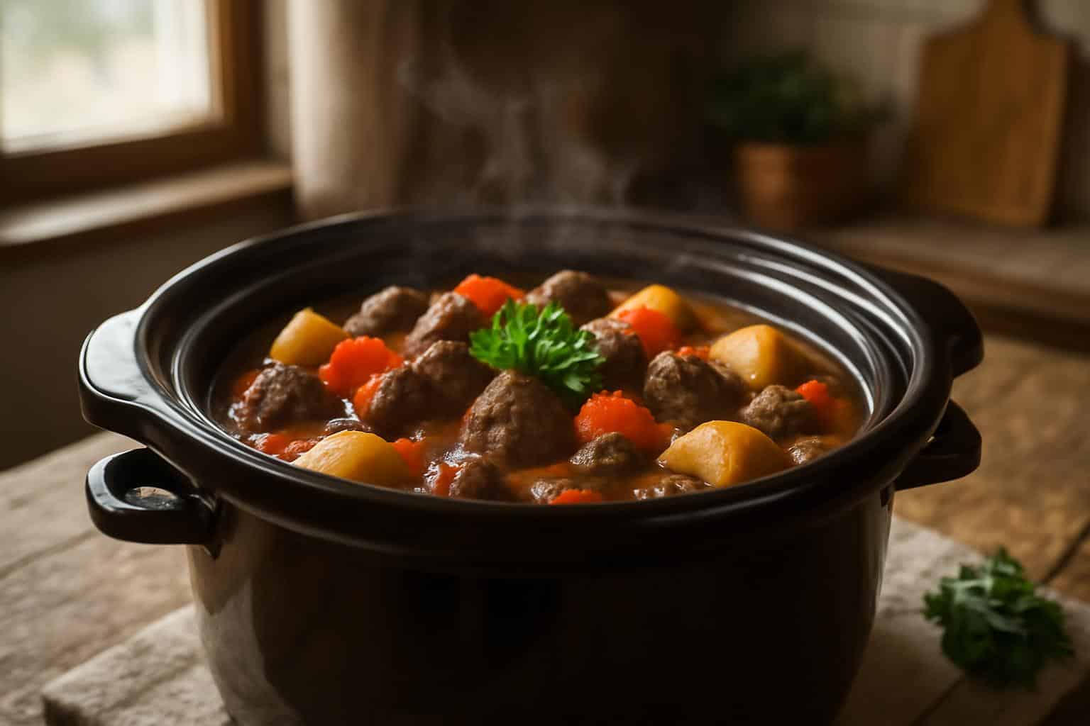 Hearty beef stew in crockpot showing tender meat and vegetables, perfect crockpot recipes for dinner