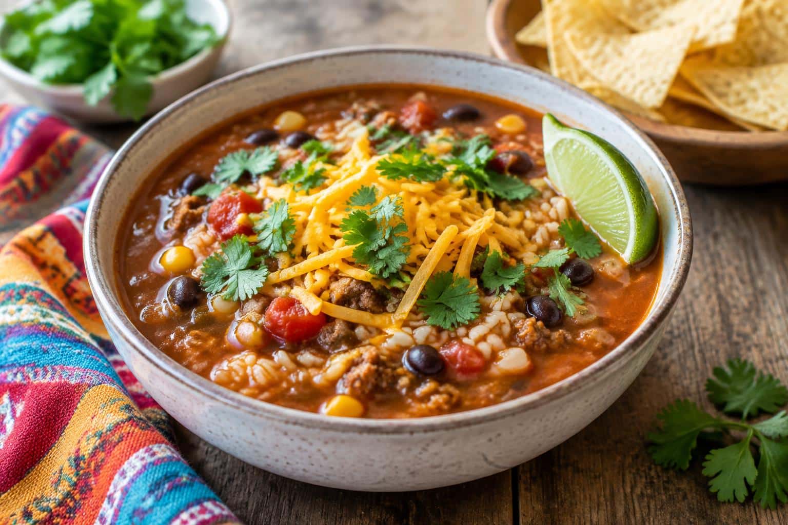 Hearty crockpot taco rice soup garnished with cheddar cheese and cilantro in a rustic bowl