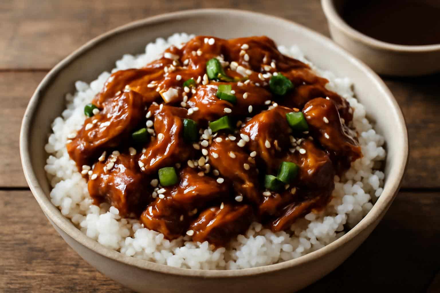 Crockpot teriyaki chicken served over rice with sesame seeds and green onions