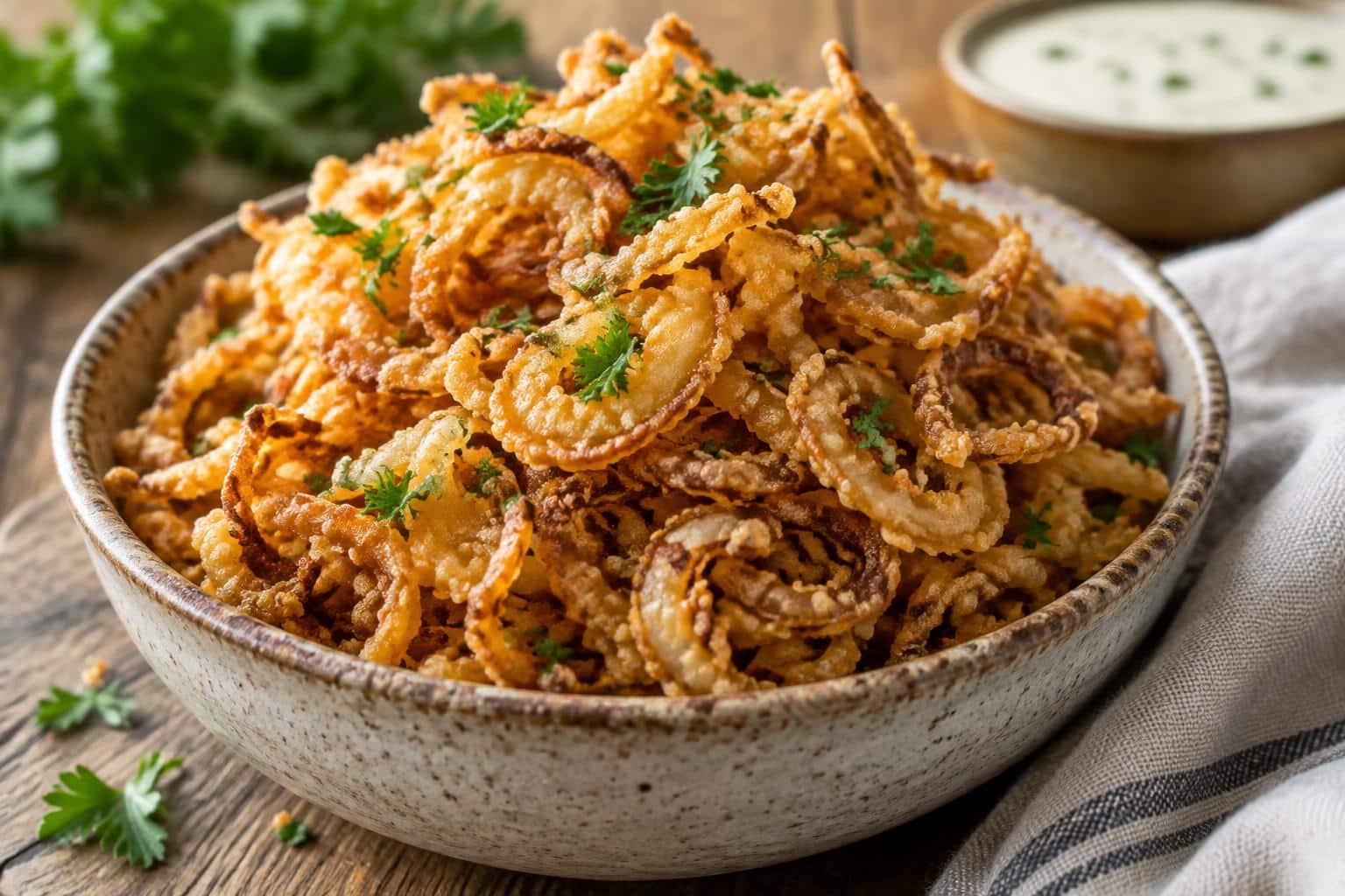 Golden irresistibly crunchy air fryer crispy onions in rustic bowl with parsley garnish