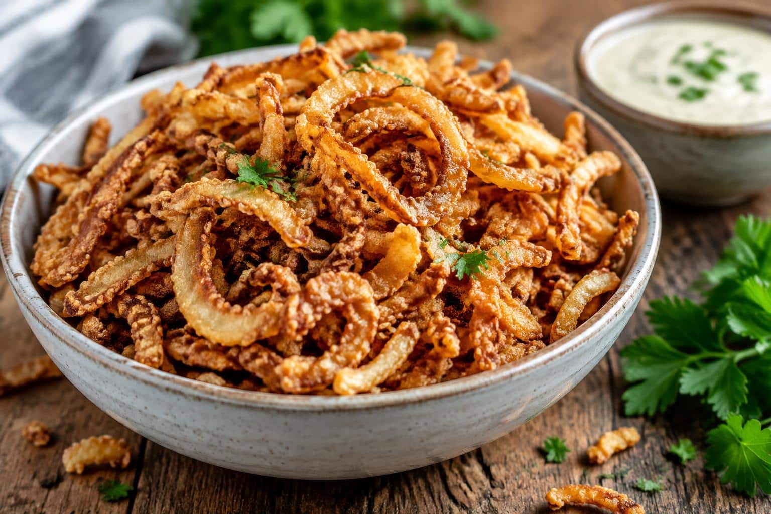 Golden crunchy air fryer crispy onions in a bowl with fresh green herbs garnish