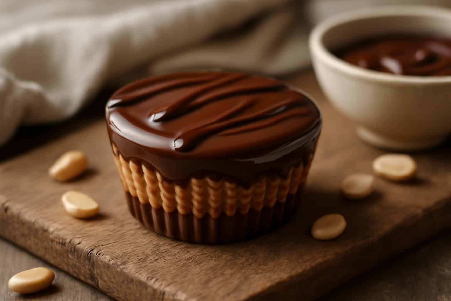 Crunchy chocolate peanut butter rice krispie cups with glossy chocolate drizzle
