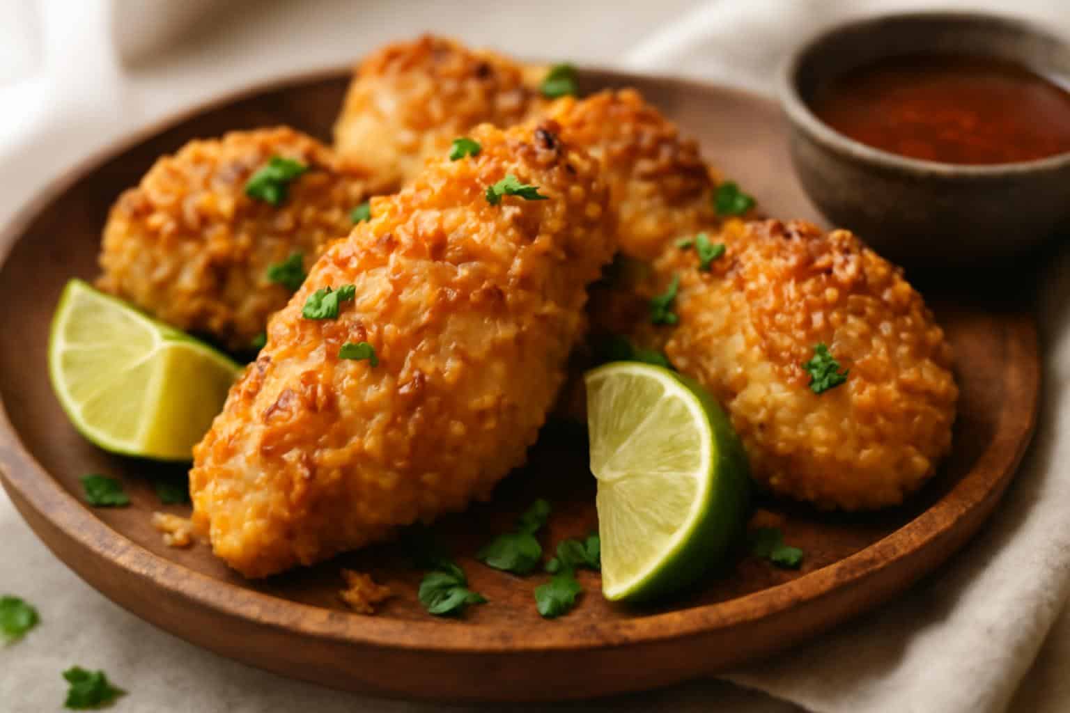 Crunchy coconut chicken with crispy golden crust and toasted coconut flakes on rustic plate