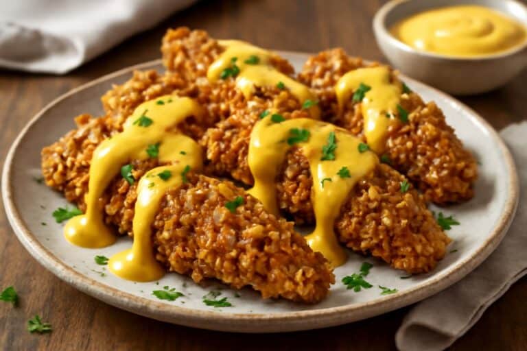 Crunchy pretzel chicken drizzled with zesty mustard-cheddar sauce on a ceramic plate