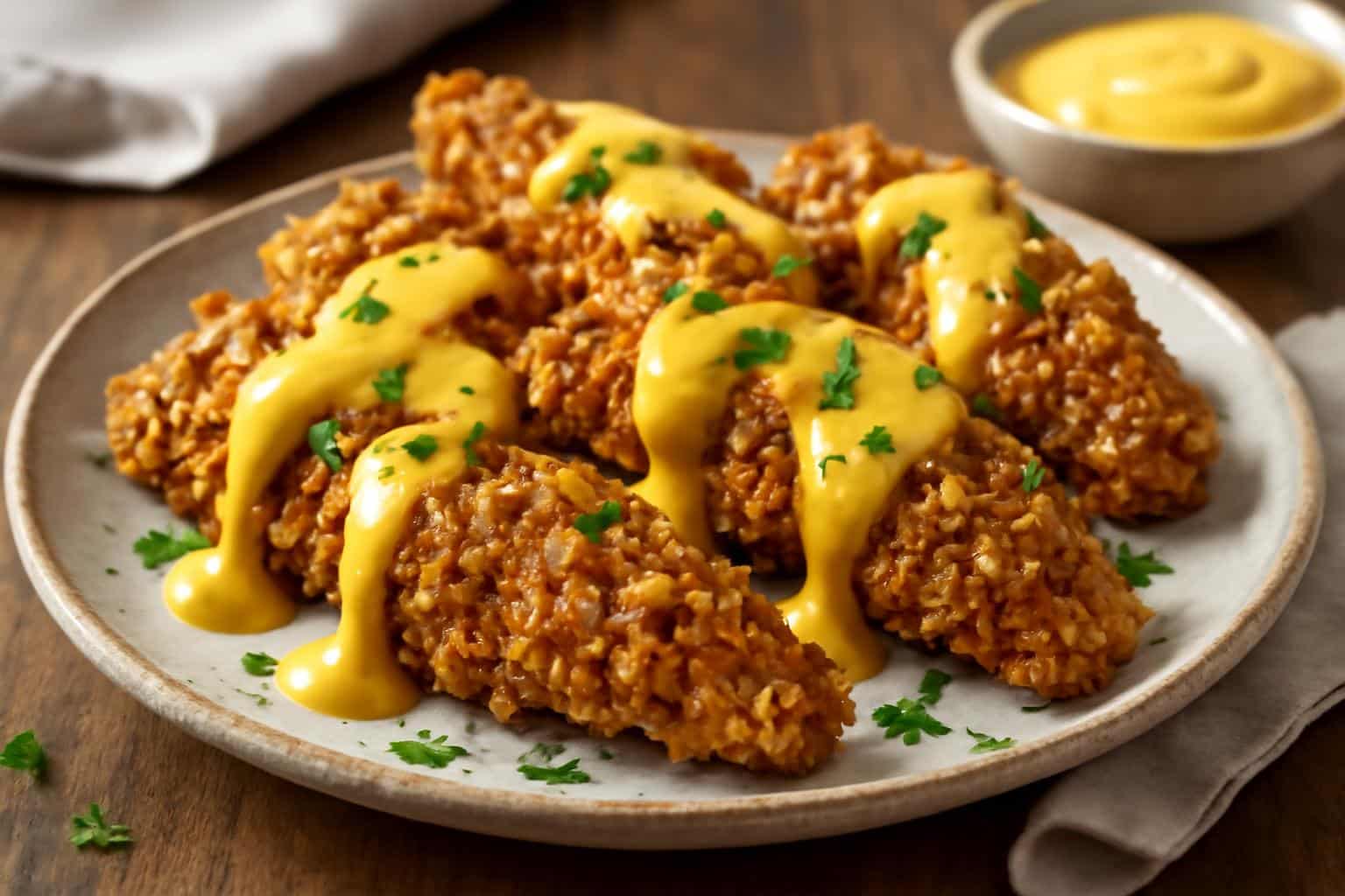 Crunchy pretzel chicken drizzled with zesty mustard-cheddar sauce on a ceramic plate
