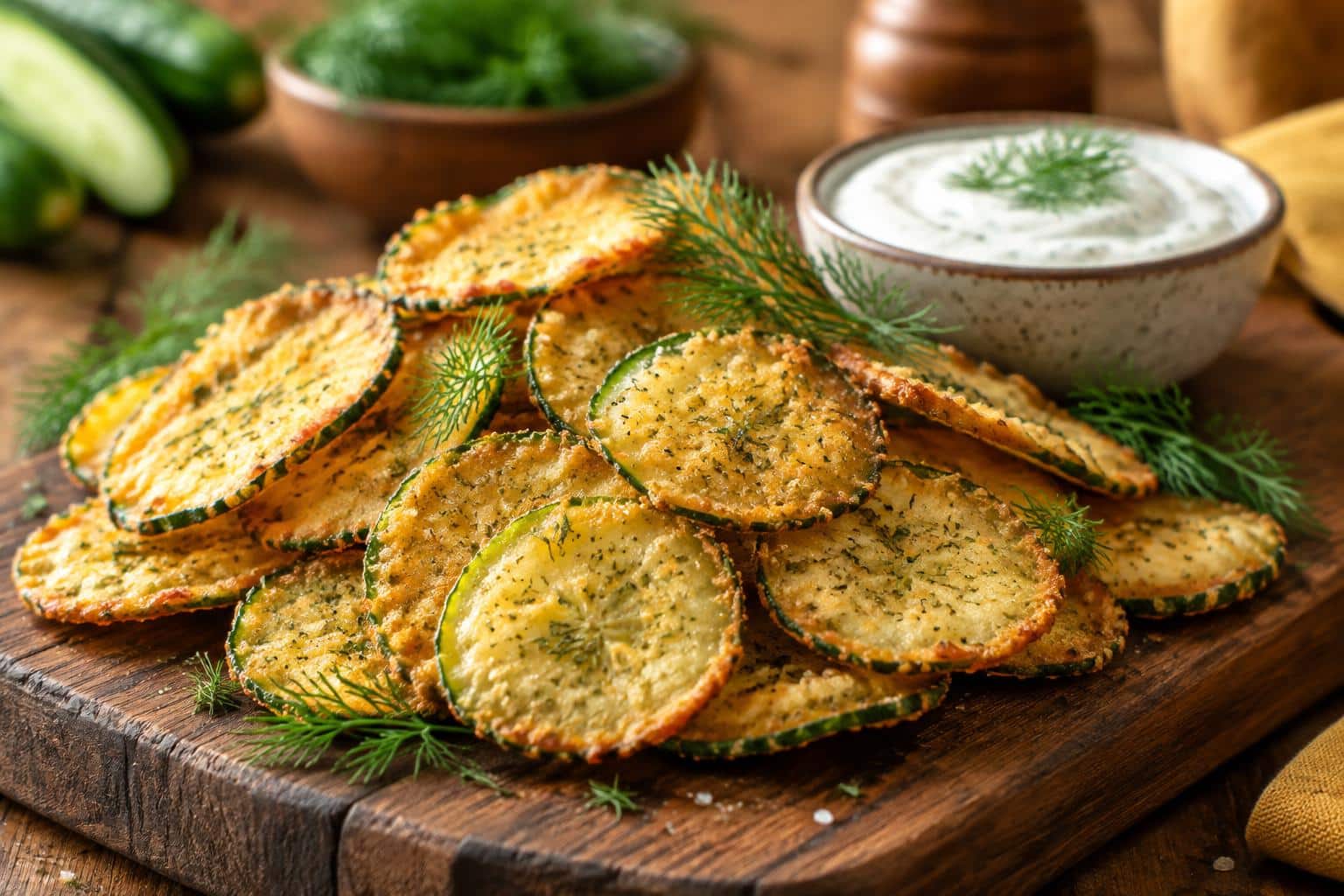 Crunchy ranch cucumber chips stacked on a wooden board with ranch dip, showcasing crispy texture and golden color