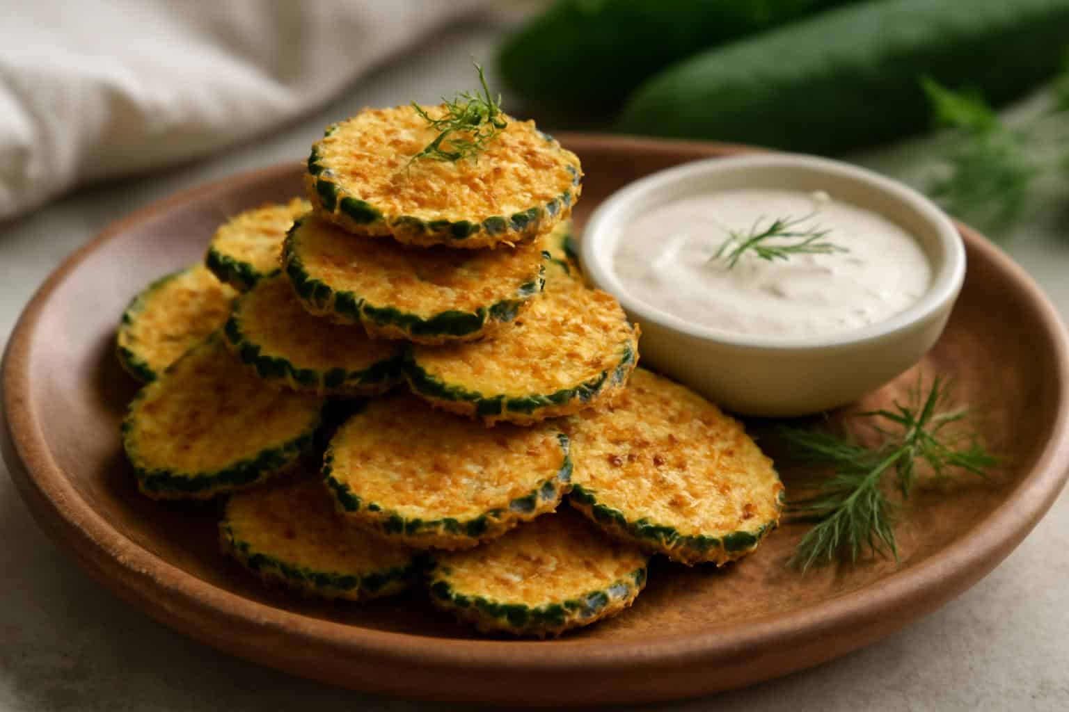 Golden crunchy ranch cucumber chips stacked with fresh dill garnish and ranch dip, showcasing crunchy ranch cucumber chi