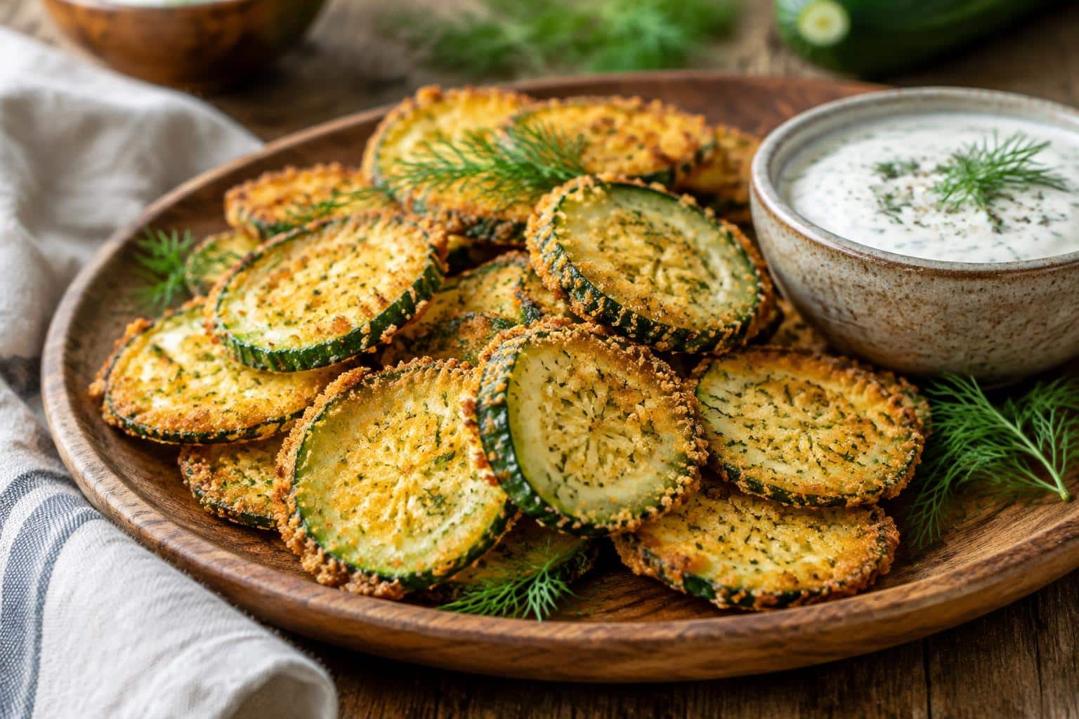 Crunchy ranch cucumber chips served with ranch dip, showing crispy texture and green edges