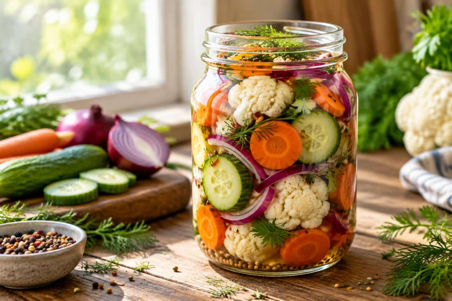 Jar of crunchy tangy refrigerator pickled vegetables with bright colors and fresh herbs