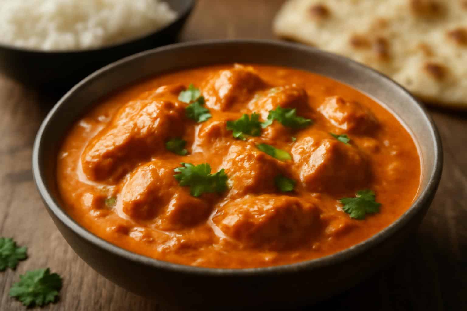 Creamy das beste butter chicken garnished with cilantro and served with rice, a delicious butter chicken dish