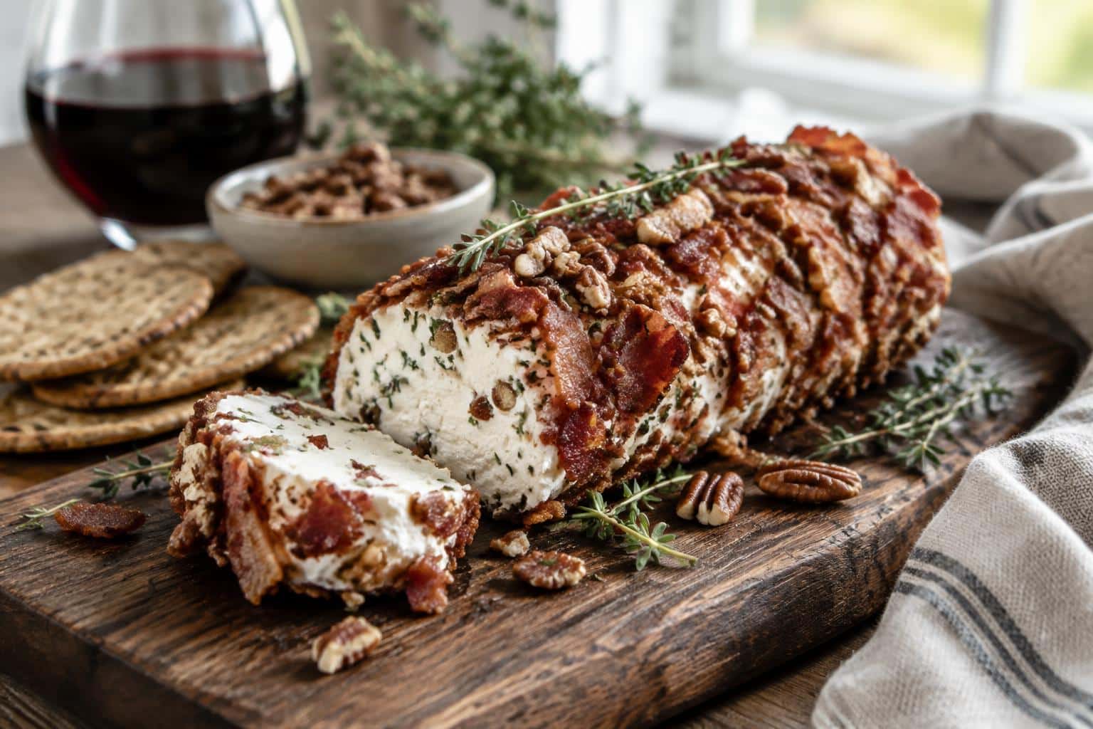 bacon goat cheese appetizer log on rustic wooden board garnished with herbs and pecans