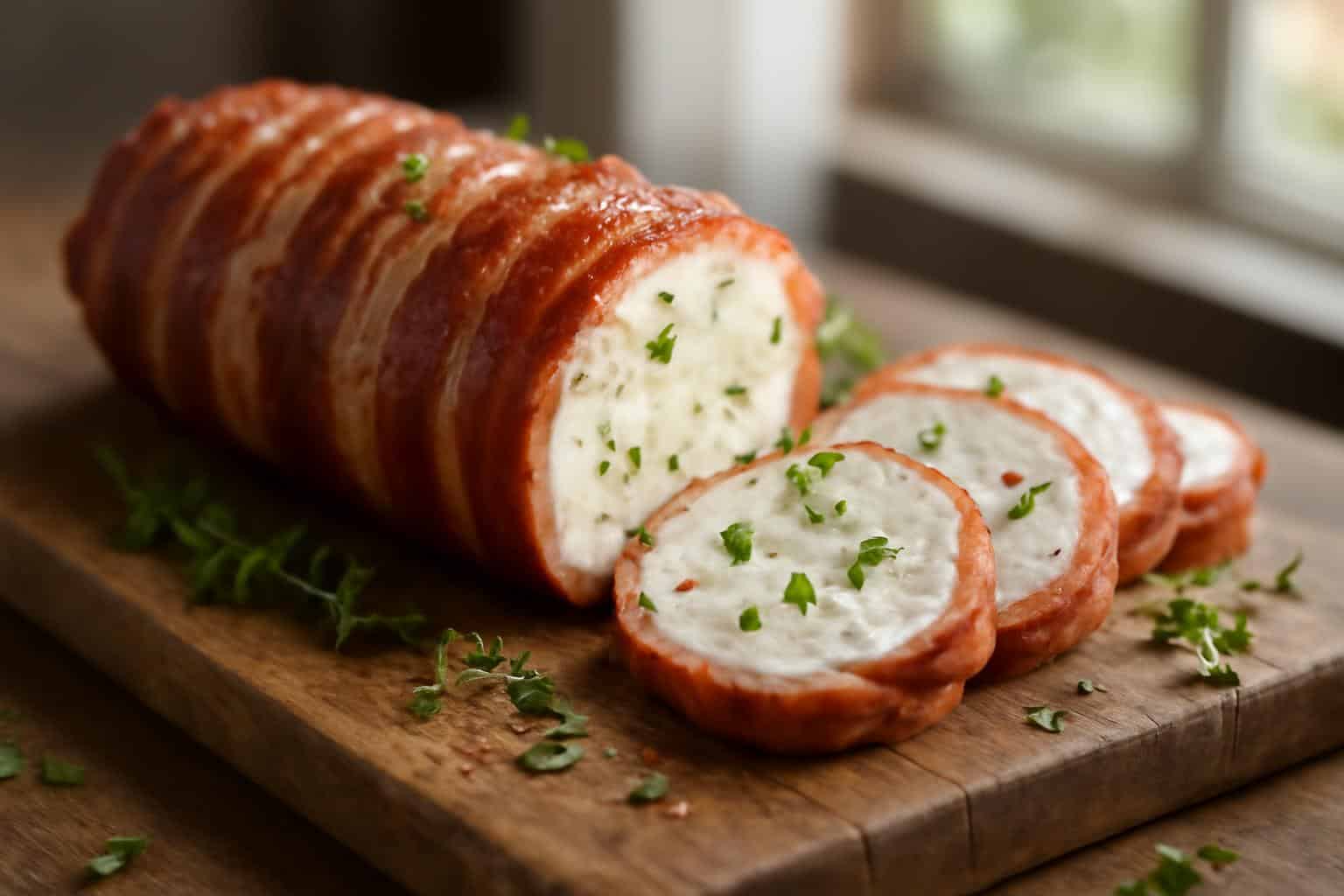 Bacon goat cheese appetizer log sliced and garnished with fresh herbs on wooden board