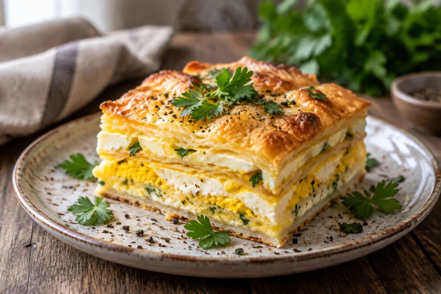 Baked eggs napoleon with golden crust and fresh parsley garnish in natural light, baked eggs napoleon