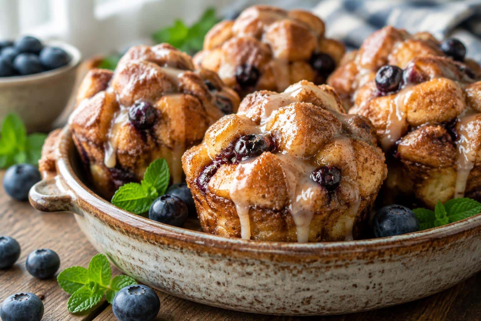 freshly baked blueberry monkey bread muffins with cinnamon sugar glaze and fresh berries