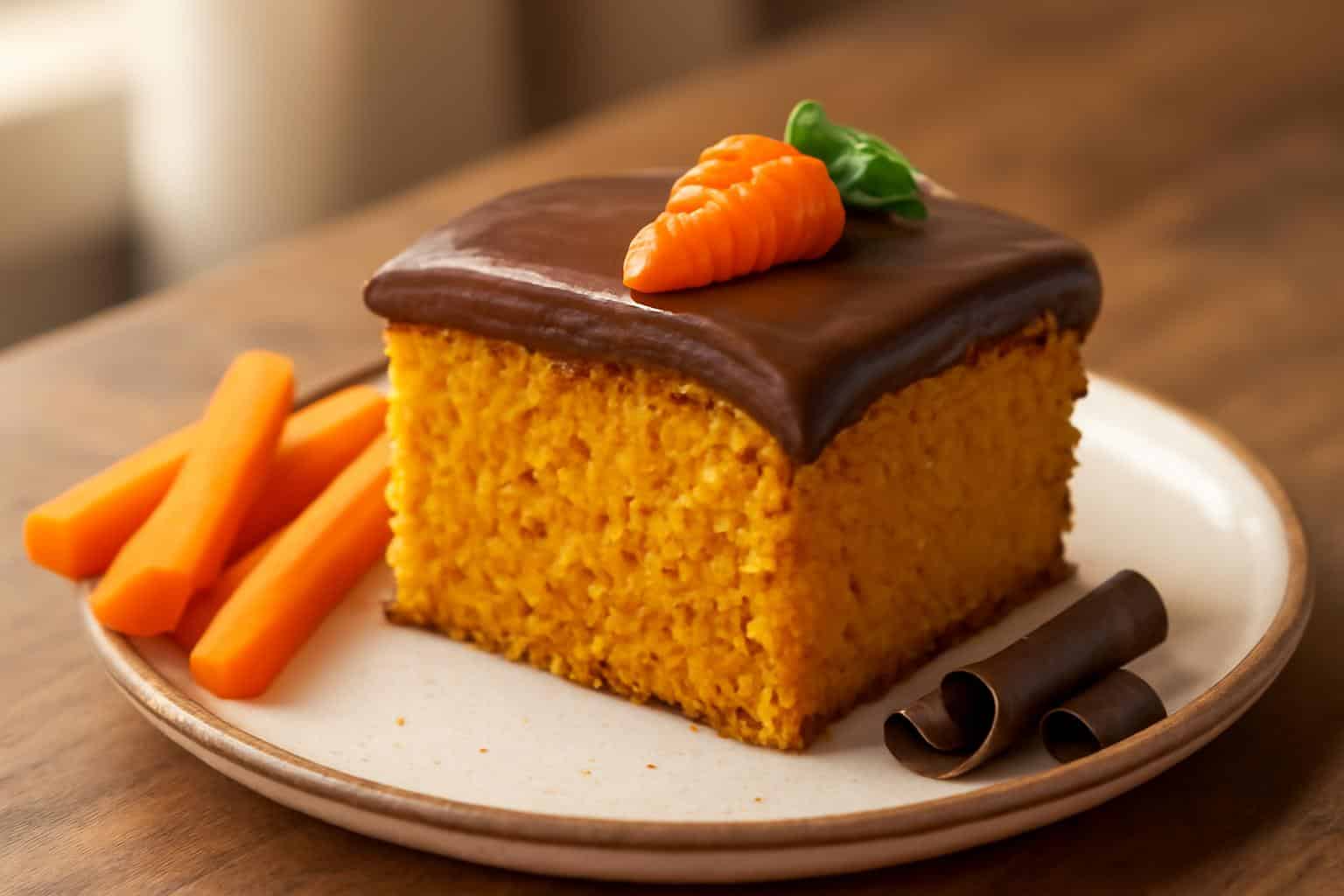 A slice of Brazilian carrot cake with creamy chocolate and carrot frosting on a rustic plate