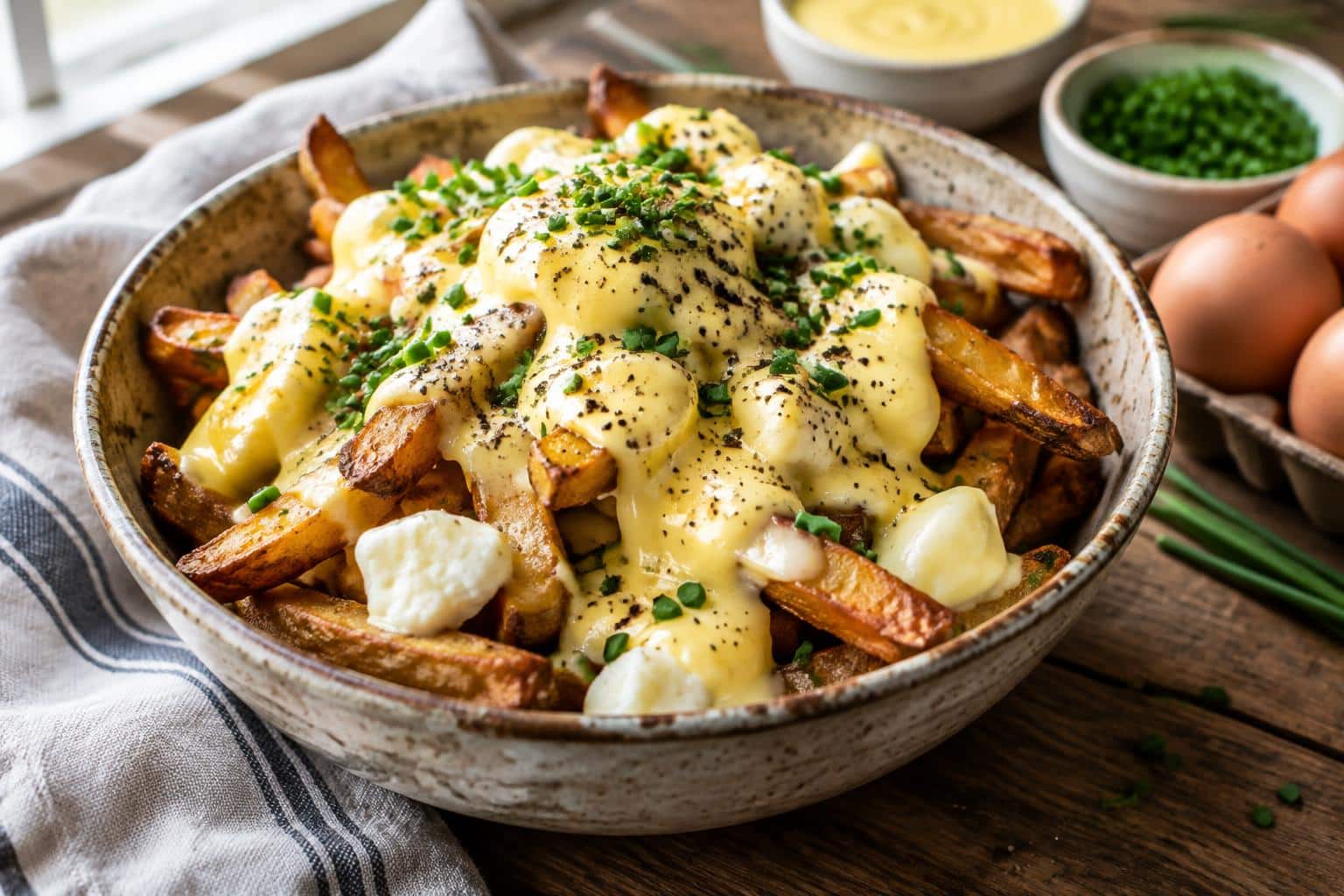 Decadent breakfast poutine topped with velvety hollandaise sauce and fresh chives