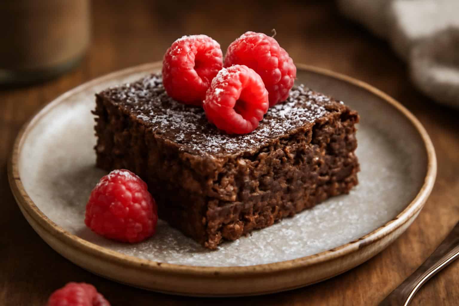 Brownie baked oatmeal slice garnished with raspberries and powdered sugar in natural light