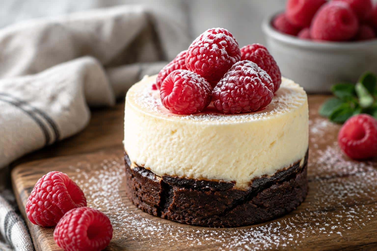 Mini brownie bottom cheesecakes with fresh raspberries and powdered sugar on wooden board