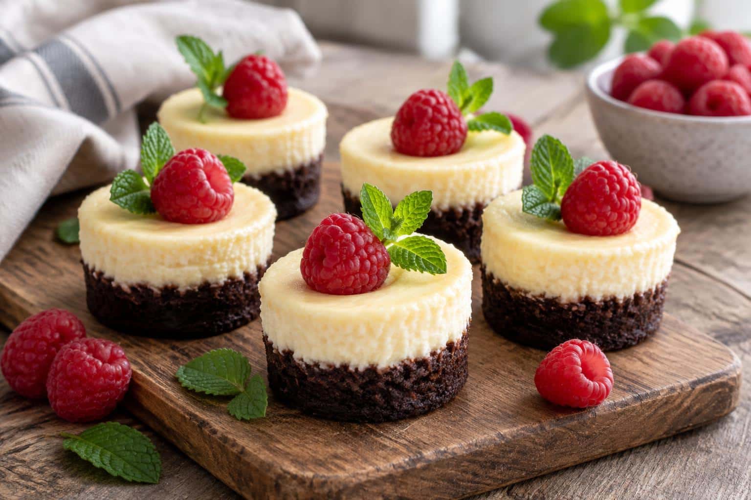 brownie bottom mini cheesecakes with fresh raspberry and mint garnish on rustic board