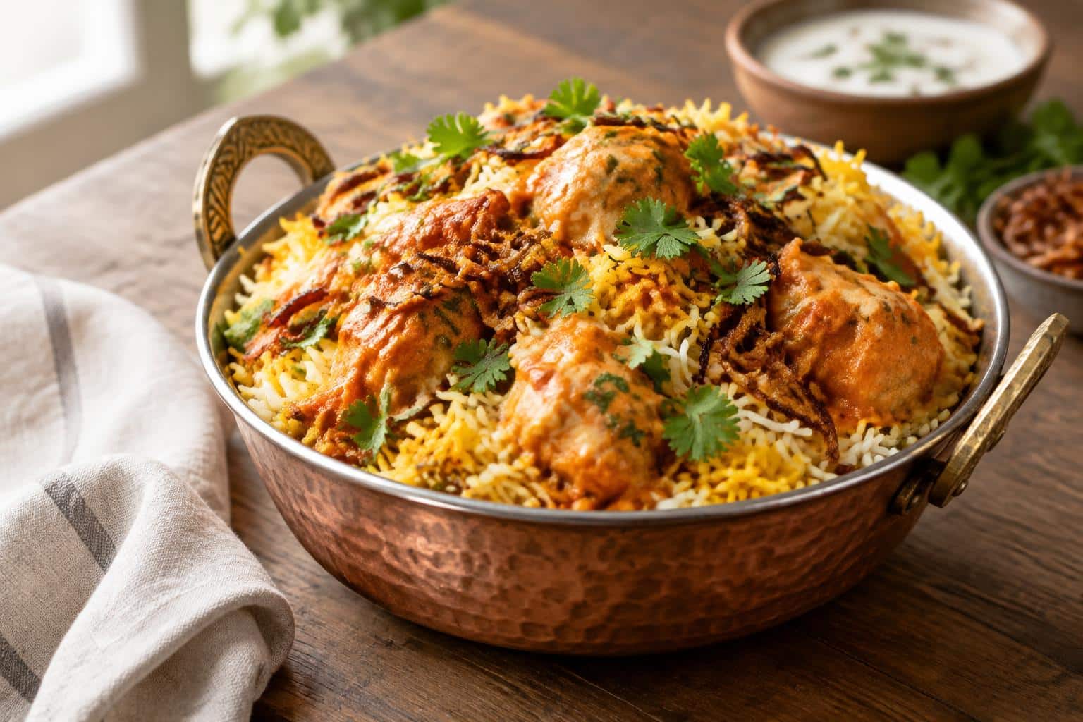 Butter chicken biryani served in copper dish with creamy chicken and saffron rice, garnished with cilantro and onions