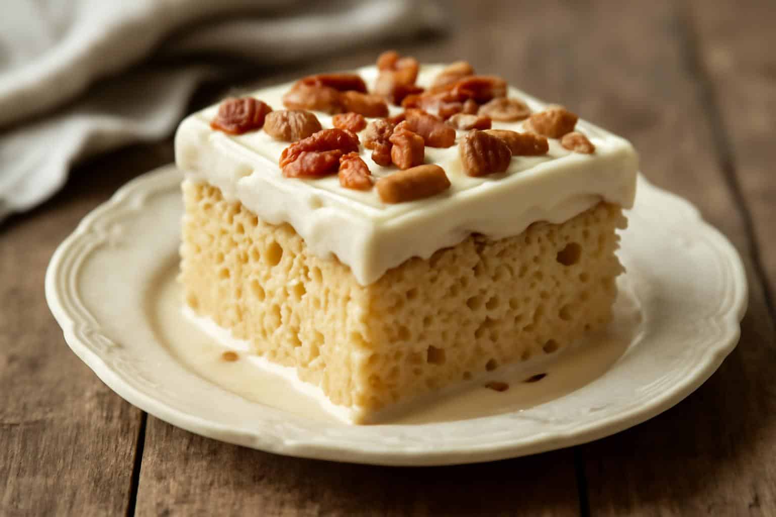 Butter pecan tres leches cake slice garnished with toasted pecans and cream