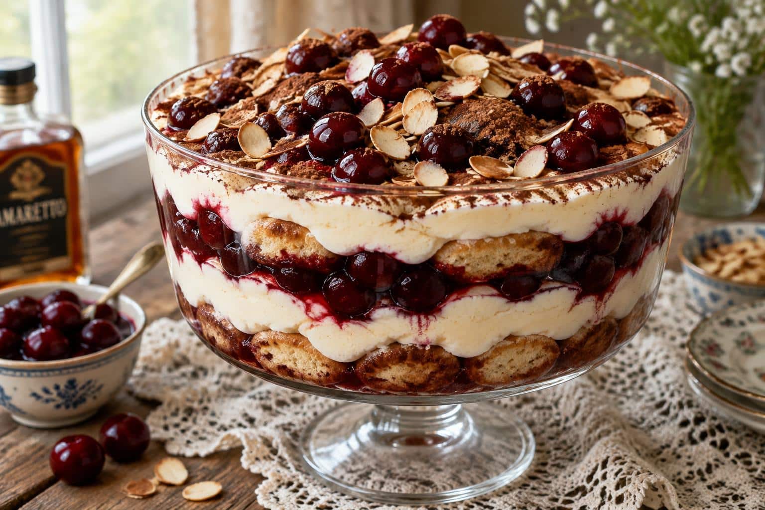 Decadent cherry amaretto tiramisu dessert with cherry topping and cocoa dusting